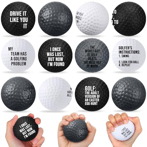 RoundFunny 12 Pcs Mini Golf Stress Balls - 2.5 Inch Squeeze Foam Balls for Father‘s Day Gifts, Sports Stress Relief, Golf Club Prizes, Party Favors, Office(Black, White, Gray)