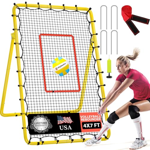 6-Angle Adjustable Volleyball Rebounder Net 7x4ft, High Stable Bounce Back Training Equipment for Practicing Volleying Bumping Spiking with High-Tension Net, PU Volleyball and Pump, Stakes - color: Yellow