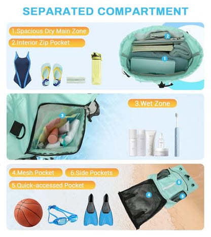 Drawstring Backpack, Waterproof Sandproof Beach Backpack for Sport Gear Small Gym Bag with Hidden Ball Net Pocket and Seperated Wet Pocket Draw String Back Bag for Women Men, Green - color: Green