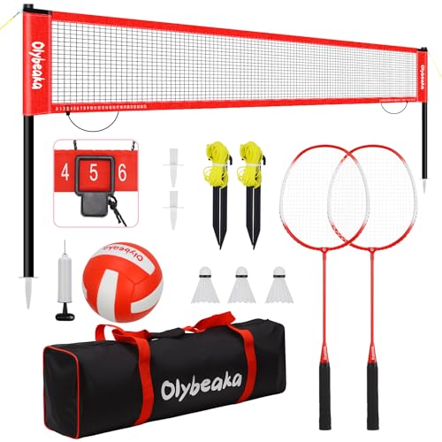 20ft Volleyball & Badminton Combo Net Set Outdoor for Backyard Beach with Adjustable Poles, Durable Anti-Sag Net, PU Volleyball, 2 Aluminum Rackets, Carry Bag for Easy Portable - color: Red