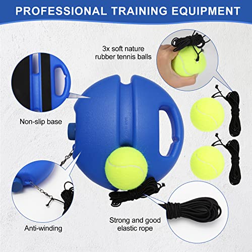 Tennis Trainer Rebound Ball for Self Practice, 3 Balls with String, Anti-Tangle Hook, Vibration Dampeners, Overgrip, Color Box