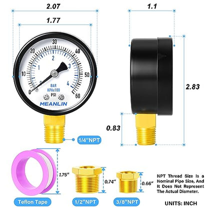 1/4" NPT 0-60Psi 2" Dial Face Well Pump Pressure Gauge, Lower Mount, Suitable for Water, Oil, Air Pressure Testing - size: 0-60Psi, style: 1/4"NPT Lower Mount