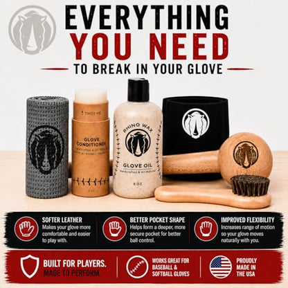 Rhino Wax - Baseball Glove Ultimate Break-in Kit - Includes Premium Oil for Ball Gloves, Mitt Conditioner, Hardwood Mallet, Wrap, Brush, and Microfiber Cloth - This is How to Break in a Glove Fast