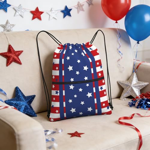 Patriotic Stars Stripes 4th of July Drawstring Bag, Memorial Day Independence Day Red Blue Waterproof Drawstring Bckpack for Gym Sports, Sackpack Bag with Front Zipper Pocket and Inside Zipper Pocket - color: Stars Stripes