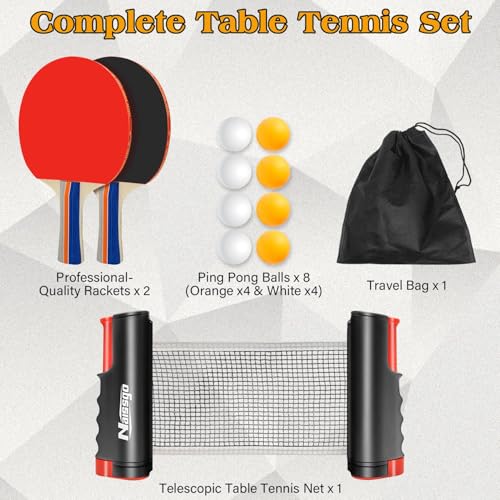 Table Tennis Set with Retractable Net, Portable Ping Pong Paddle Set with 2 Rackets, 8 Balls and Mesh Bag, Easy Setup Table Tennis Kit for Indoor Outdoor, Beginners, Home and Office
