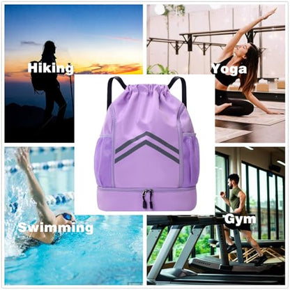 Sports Drawstring Backpack Bag - Waterproof Gym Drawstring Bags with Shoes Compartment and Water Bottle Pockets - Cinch String Backpack - Swim Drawstring Beach Bags for Women & Men, Purple - color: Purple