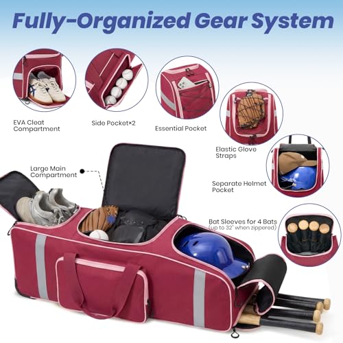 81L Rolling Baseball Bag with Wheels, Softball Catchers Gear Bags for 4 Bats (Fits Up To 34"), Separate Shoe Compartment, Safety Reflective Strip, Fence Hook, Foldable T-Bag for Youth & Adult - color: Dark Red