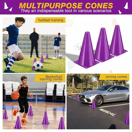 24pcs Cones 9 Inch Soccer Cones and Plastic Traffic Cones, Durable Cones for Sports Training, Ideal for Soccer, Basketball, Football, Skating, and Agility Drills Practice - color: purple