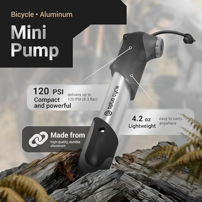 Mini Bike Pump 120 PSI / 8.3 Bar – Compact Portable Frame-Mounted Bicycle Hand Air Pump for Presta and Schrader Valve | Small Manual Tire Tool for Road, Track, Mountain Bike, BMX, Ebike - color: Silver