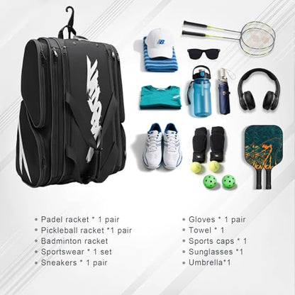 TILDOSAC Pickleball Bag - Large Paddle Bag for 4 Paddles & Accessories - Fence Hook, Extra Pockets, Shoe Compartment