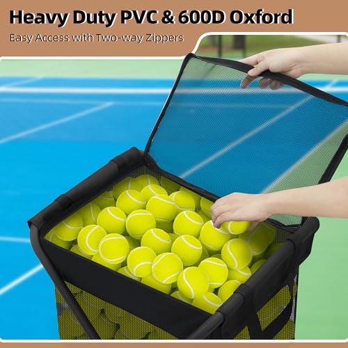 STORAGE MANIAC Foldable Tennis Ball Hopper Pickleball Bag Holds 150 Pickleballs or 180 Tennis Balls Collector Pickleball Retriever Pick Up Ball Basket Ball Caddy with Wheels Portable Training Cart