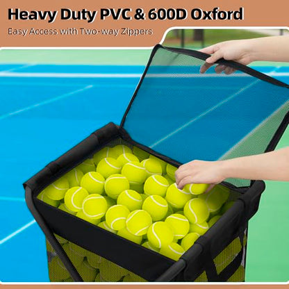 STORAGE MANIAC Foldable Tennis Ball Hopper Pickleball Bag Holds 150 Pickleballs or 180 Tennis Balls Collector Pickleball Retriever Pick Up Ball Basket Ball Caddy with Wheels Portable Training Cart