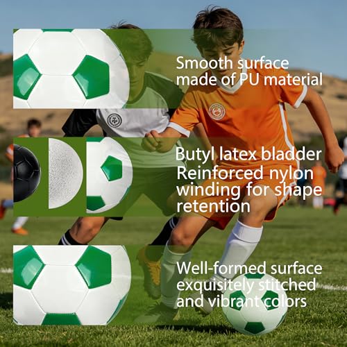 Soccer Ball Size 3 with Pump Needle, Size 3 Trainning Classic White Black Thicker PU Tight Weaved Suitable for Youth Boy League Game Trainning - color: White+Green