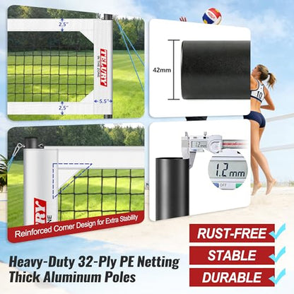 Heavy Duty Professional Volleyball Net Set Aluminum Poles, 32 ft Regulation Portable for Outdoor Backyard Beach, Anti-Sag, Adjustable Height & Length with Carry Bag - color: White
