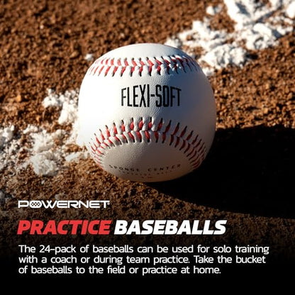 PowerNet Baseball Bundle, Padded Bucket with 24 Practice Baseballs or Flexi-Soft Training Balls, Portable Pitching & Batting Practice Equipment