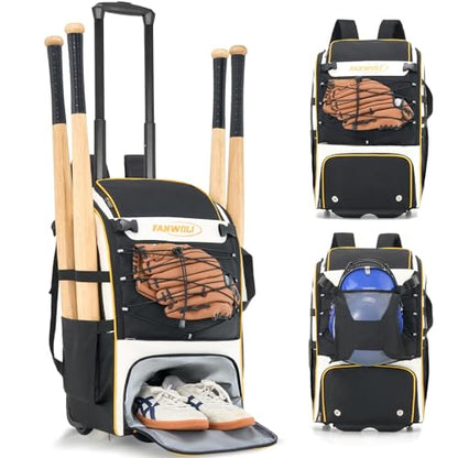 Leather Rolling Baseball Bag - Youth Softball Bag with Wheels for Boys Girls - Rain Cover & Mud Guard for Clean Car - Premium 4-Bat Tournament Roller - Large Equipment Organizer