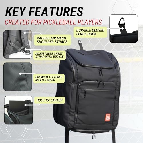 Pickleball Bag - Large Oversized Backpack Fits: 4+ Paddles, 2 Water Bottles, Laptop, Shoe Compartment, Fence Hook, Black
