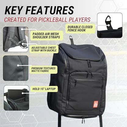 Pickleball Bag - Large Oversized Backpack Fits: 4+ Paddles, 2 Water Bottles, Laptop, Shoe Compartment, Fence Hook, Black