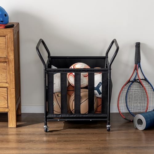 MyGift Mesh Fabric Multi Sports Ball Storage Rolling Cart with Matte Black Metal Frame, and Angled Handles, Garage, Gym or Playground Basketball, Soccer Ball Cage Equipment Basket with Caster Wheels