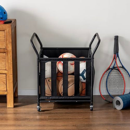 MyGift Mesh Fabric Multi Sports Ball Storage Rolling Cart with Matte Black Metal Frame, and Angled Handles, Garage, Gym or Playground Basketball, Soccer Ball Cage Equipment Basket with Caster Wheels