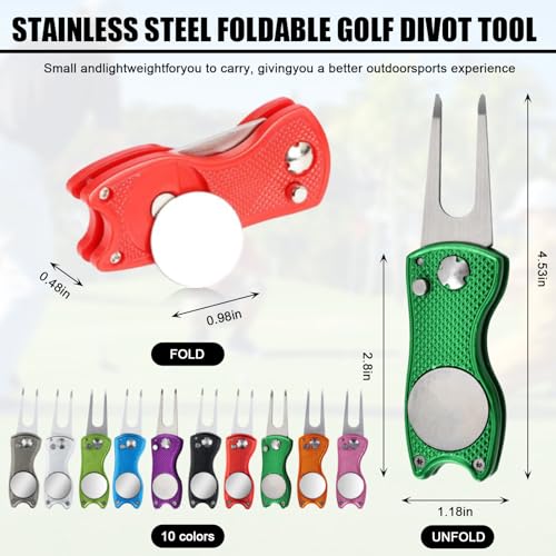 40 Pcs Golf Divot Repair Tool All-Metal Foldable Divot Tool with Magnetic Ball Marker & Pop-Up Button,Aluminum Handle, Stainless Steel Switchblade Bulk Golf Gifts/Accessories 10 Colors