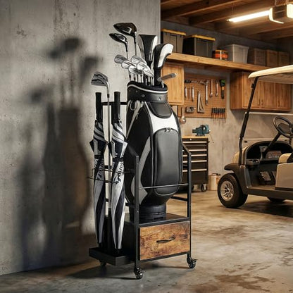 Golf Bag Organizer Rack with Wheels, Golf Storage Organizer for Garage,Golf Stand & Accessories,Brown Garage Organizer Fit Single Golf Bags