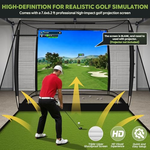Golf Simulator Cage, 10x8ft Golf Practice Hitting Net with Triple-Layer HD Screen, 5x4ft Golf Mat with Dual Turf for Indoor &Outdoor, Gifts for Men Dad & Golfers - size: 10x8ft(Practice Net)