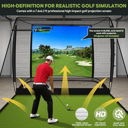 Golf Simulator Cage, 10x8ft Golf Practice Hitting Net with Triple-Layer HD Screen, 5x4ft Golf Mat with Dual Turf for Indoor &Outdoor, Gifts for Men Dad & Golfers - size: 10x8ft(Practice Net)