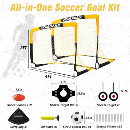 Kids Soccer Goal Set of 2, 4x3ft Pop up Portable Soccer Goals for Backyard, Soccer Net for Kids Age 3 4 5 6 7 8, Toddler Soccer Goal Gift with 1 Ball, 1 Target Net, 10 Cones, 2 Targets