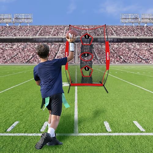 Kapler Football Throwing Net - 5X7 FT Portable 3 Target Pocket Passing Trainer with Football Tee Stand - Quarterback Accuracy Improving for Youth and Adults Backyard Drills