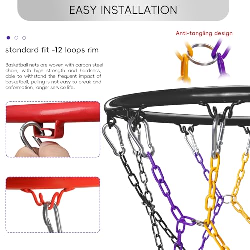 Dakzhou Basketball net, Metal Chain Net Braided Permanent Rust Proof (12 Links), Quick Installation - color: Purple/Yellow/Black