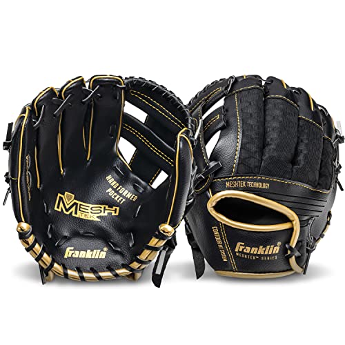 Franklin Sports Kids Baseball Glove + Foam Ball Sets - Meshtek Youth Teeball Gloves for Kids + Toddlers - Left + Right Hand Throw - 9.5" Inch - color: Black/Gold