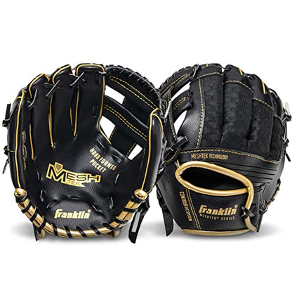 Franklin Sports Kids Baseball Glove + Foam Ball Sets - Meshtek Youth Teeball Gloves for Kids + Toddlers - Left + Right Hand Throw - 9.5" Inch - color: Black/Gold