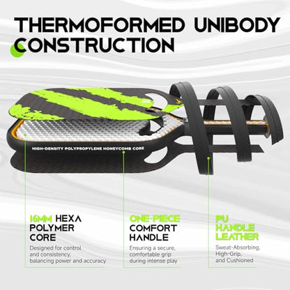 Warping Point Ascent Pickleball Paddles| Carbon Fiber Pickleball Racket with Aero Throat | Textured Grit Surface | Hexa Polymer Core | Designed for Swing Speed and Maneuverability - style: Green-16MM