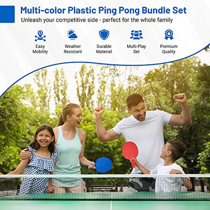 Plastic Portable Ping Pong Paddles Set of 4 Table Tennis Paddles with Retractable Ping Pong Net - 2 Ping Pong Balls with 1 Birdie. Perfect for Office, Lawn, and Beach Games for Adults and Families.