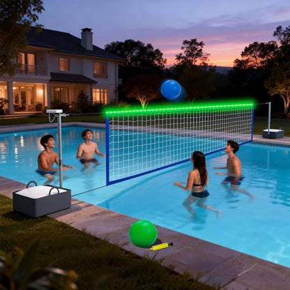 Pool Volleyball Net Set with High Brightness LED Solar Powered Lights, 15ft-32ft Adjustable Portable Volleyball Net with 40L Weighted Base for Inground Pools, 2 Ball & Pump for Family Fun, Party Games