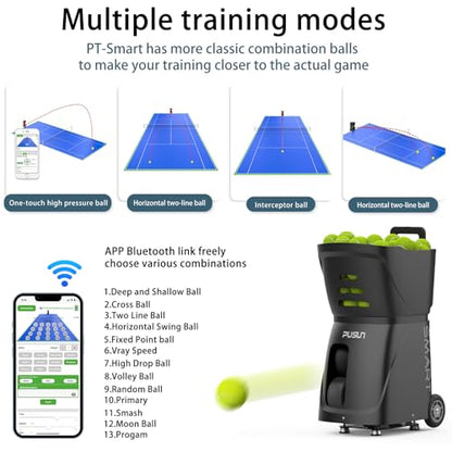 PT-SAMRT-Professional Tennis Ball Machine with App Control - 100+ Ball Capacity - 12 Training Modes - 4-6 Hours Battery Life (Black)