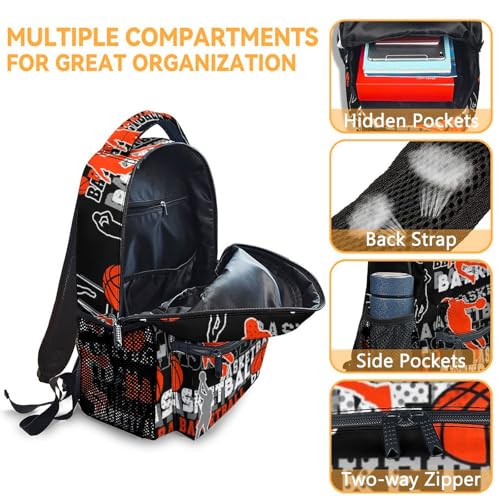 Mercuryelf Basketball Backpack for Boys Girls, 16 Inch Black Backpacks for School Travel, Cool Lightweight Bookbag for Kids