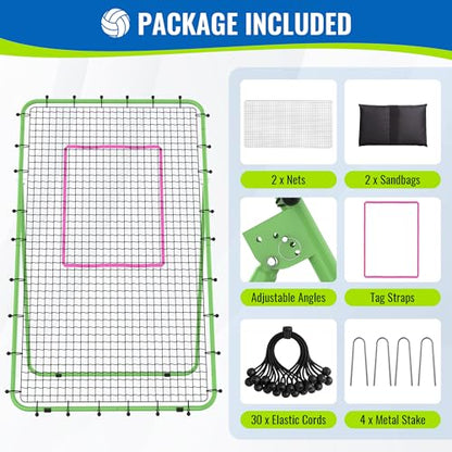 Volleyball Rebounder Net 7x4 FT, 5-Angle Adjustable Bounce Back Net, Steel Frame & PE Training Net for Volleying/Spiking, Rust-Resistant & Durable – w/Travel Bag, 2 NETS - color: Green & Pink