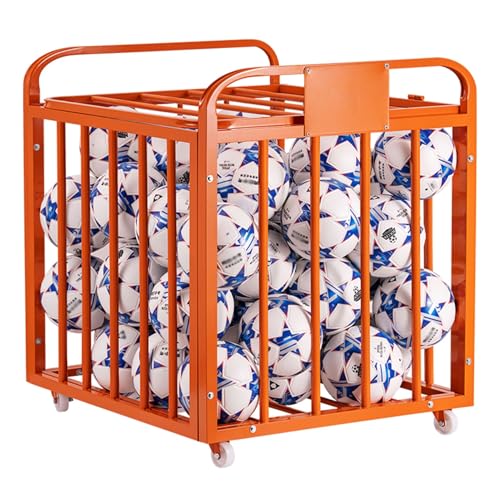 Orange Rolling Basketball Storage Cart Kindergarten School Soccer Volleyball Ball Cart Sports Equipment Organizer Large Folding Ball Cage for Garages, Playgroup, Gym