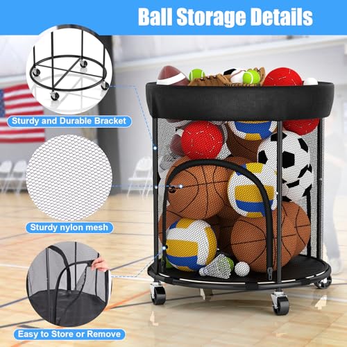 Ball Storage, Basketball Holder Ball Rack Basketball Organizer Bin 2 Side Opening Ball Cart with Wheels Sports Equipment Organizer Ball Organizer for Garage Room Gym Indoor & Outdoor