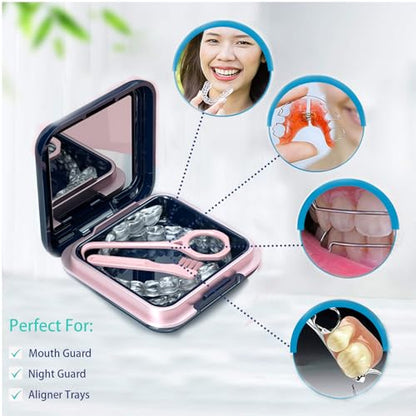Retainer Case,Cute Mouthguard Case with Mirror,Slim Night Mouth Guard Case with Lid Hinge,Aligner Case,Inner Size 2.56, 2.36, 0.79inch, Blue
