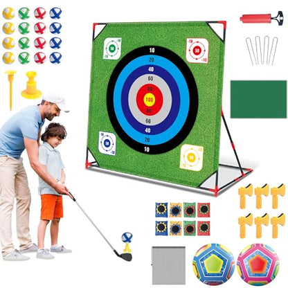 Golf Chipping Game with Stand: 4 in 1 Battle Golf Target Game Set with 16 Sticky Balls, 8 Bean Bags, 2 Soccer Balls, 6 Axes, Indoor Outdoor Yard Games Chipping Practice Mat for Dads Golfers