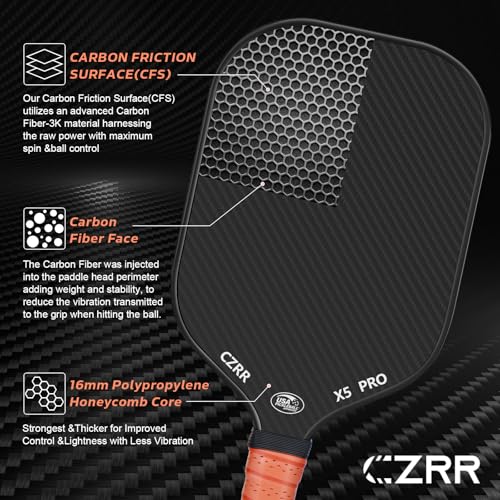 Pickleball Paddle, USA Pickleball Approved, 3K Raw Carbon Fiber Surface (CFS) High Grit & Spin, with 16MM Polypropylene Honeycomb Core, Ideal for Novice and Professional Players - style: 16MM