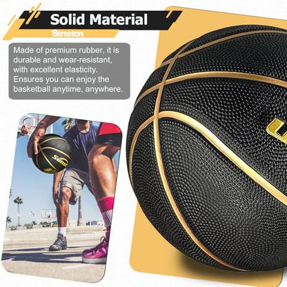 Senston 27.5''/29.5'' Outdoor Basketball Excellent Elasticity/Grip Rubber Basketballs with Pump, Durable Size 5/7 Men Basketball - color: Black/Gold, size: 29.5''(size 7)