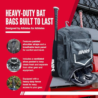 Hit Run Steal Bat Bag Backpack, Holds 4 Bats, Gloves, Helmet, and Cleats, Gray Camo