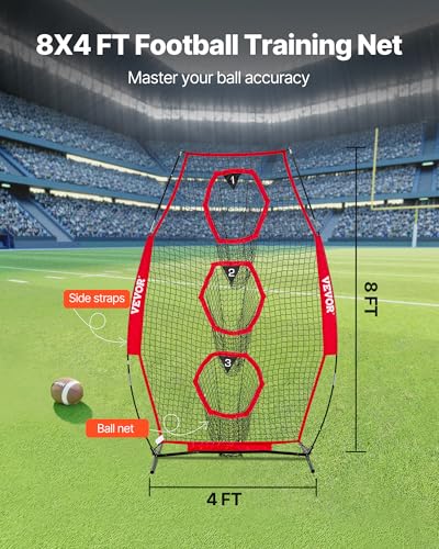 VEVOR 8x8ft Football Trainer Throwing Net, Training Throwing Target Practice Net with 6 Target Pockets,Football Training Equipment Includes Portable Carry Bag,Great for Quarterback