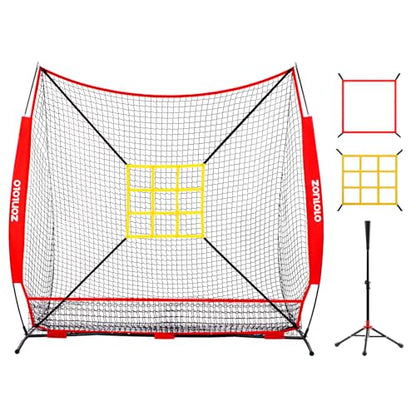 7x7 ft Baseball Net, Pitching & Batting Net with Batting Tee, Designed with Large Ball Collection System, 2 Strike Zones, Carry Bag, Baseball Softball Net for Batting Pitching Hitting and Throwing