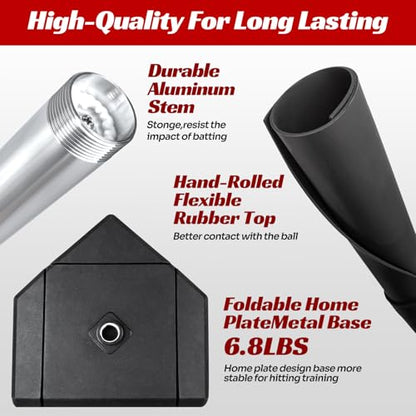 JASCOPRO Batting Tee For Baseball And Softball With Traditional Home Plate Base,Alumium Stem,Handroll Rubber Top,Height Adjustable 24 to 46 inche For kids and Adults,Portable Baseball Tee Softball Tee