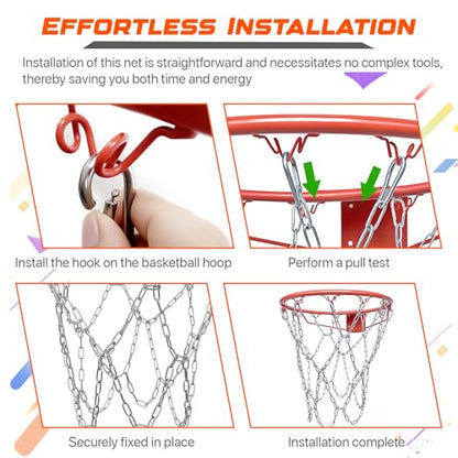 304 Stainless Steel Basketball Net, Heavy Duty Chain Braided Replacement, Durable Standard Basketball Net(12 Links), Rust-Proof & Easy to Install, Fit for Indoor and Outdoor Use